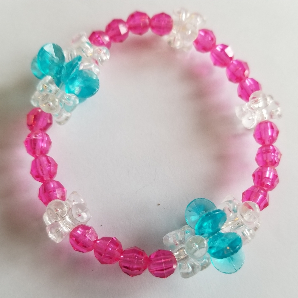 Handmade bracelet stretch pink blue clear beads beaded kandi rave